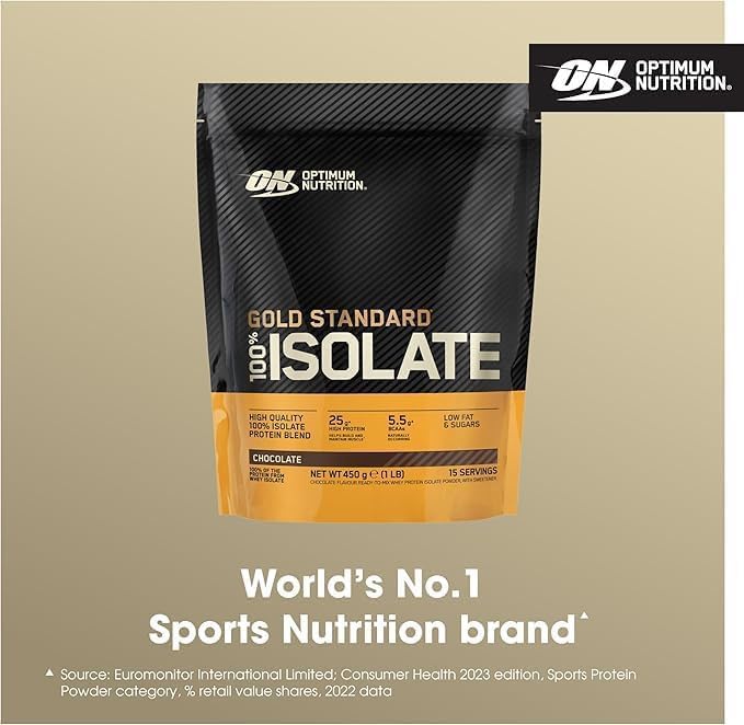 Optimum Nutrition Gold Standard 100% Isolate for Muscle Support and Repair, High Whey Protein Powder with BCAA Amino Acids, Low Sugar, Low Fat Sports Nutrition, Chocolate Flavour, 15 Servings, 450g 15 Servings (Pack of 1)