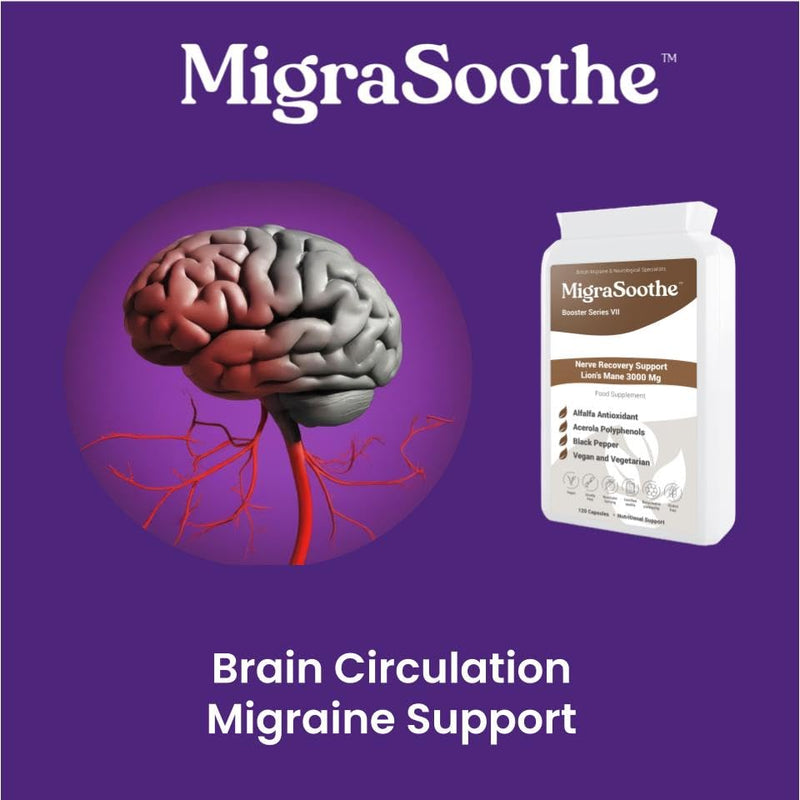 Migraine MigraSoothe Booster Series VII Lion's Mane 3000 Mg Migraine Nerve Recovery Repair Support UK Made and Allergen Free - 120 Capsules