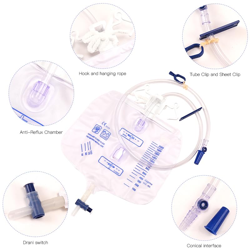 [Australia] - 5 packs Urinary Drainage Bag with Anti-Reflux Chamber, adult Urine Bag with 2000 mL Volume, Professional Urinary Bag for Home and Hospitals Health Aids 5 