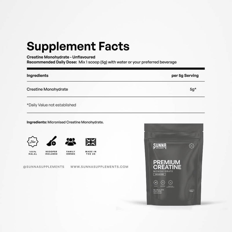 SUNNA SUPPLEMENTS Premium Creatine Monohydrate 150 g – Micronised Unflavoured Powder – 5 g Per Serving – Vegan Food Supplement (30 Servings)