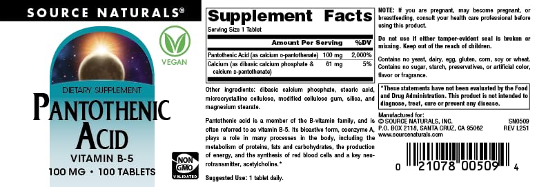 Source Naturals Pantothenic Acid, 100 mg -100 Vegan Tablets | Vitamin B-5 | Non-GMO Validated*