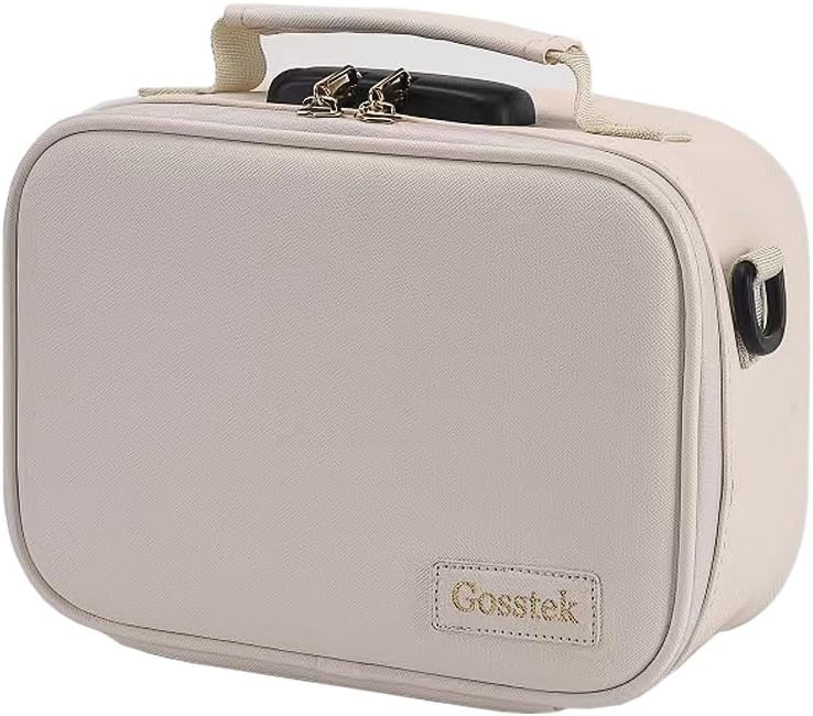 Gosstek PU Leather Odorless Carrier Bag with 10 Small Accessories, Portable Smell Proof Box Case with Lock and Great Gift for Women, Childproof Organization Container Box 9 X 6 X 4 Inches (Beige)