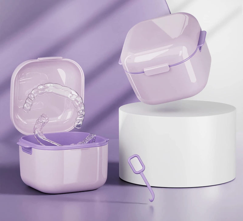 [Australia] - MURRI&MURRDI Retainer Case 2 Pack, Denture Case with Mirror, Denture Bath Box with Strainer Basket, Cute Denture Holder Storage Soak Container for Travel Cleaning, Braces Cleaner Kit (C Purple) C Purple 