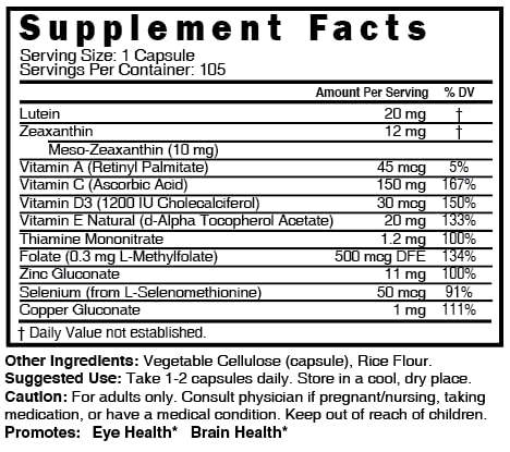 Nature's Fusions Nutri Lutein 20mg Eye Vitamins Complex - Triple Carotenoid Formula - Lutein and Zeaxanthin - Contains Zinc, Vitamins A,C,D3,E, Folate - 60 Capsules - Eye Health Supplements 60 Count (Pack of 1)