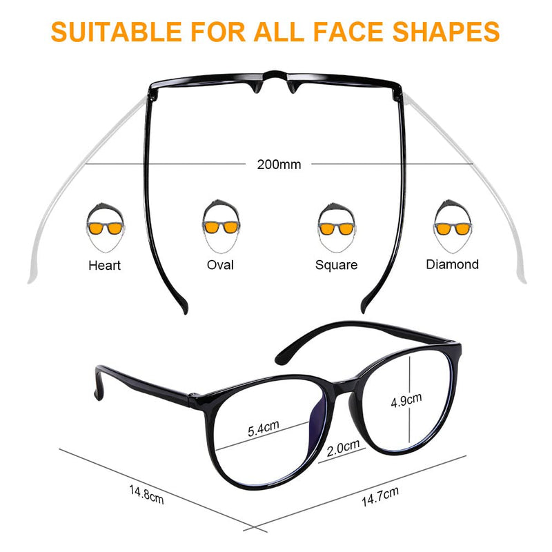 [Australia] - URAQT blue light filter glasses, round anti blue light PC gaming glasses, fashion glasses, blue light blocking glasses, without strength blue filter glasses for women and men (black & white & grey) black & transparent & grey 