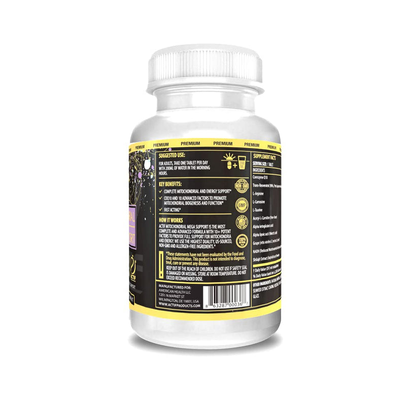 Actif Mitochondrial Mega Support with 10+ Advanced Factors - Non GMO, Fast Acting, Mitochondria and Energy Support, Made in USA, 60 Count