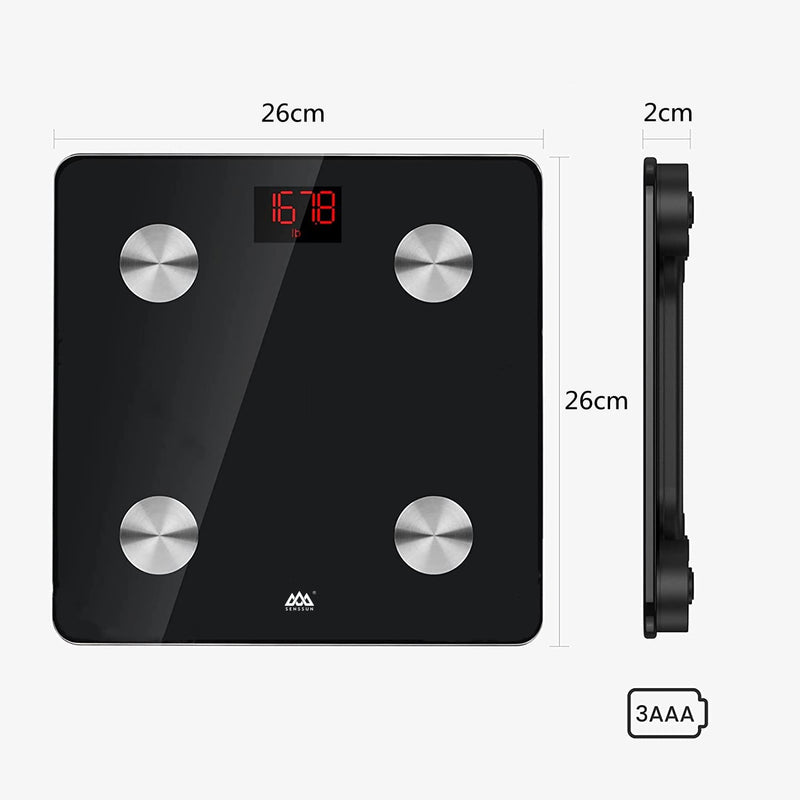 [Australia] - SENSSUN body fat scales, digital personal scales, people scales with APP, smart scales, Bluetooth body analysis scales with body composition function, 150 kg/330 lb, 26 x 26 cm, LED display (black). 