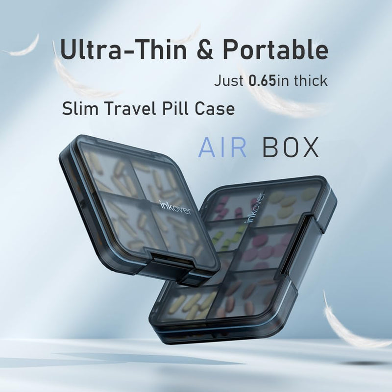 Small Pill Organizer, Travel Pill Case, 4 Compartments Black | Slim 0.65 in case for purse or pocket, with removable dividers, silicone seal and snap lock for daily tablets or capsules.