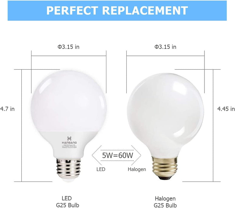 [Australia] - hansang G25 LED Globe Light Bulbs, 60W Equivalent, 5000K Daylight Bathroom, E26 Base, Eye-Friendly Vanity Round, Perfect for Vanity Makeup Mirror, 120V CRI85+ Non-Dimmable 4Pack 5000k(bright Dayligh) 4 Count (Pack of 1) 