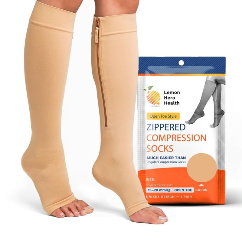 Open Toe Compression Socks Women - Toeless 15-20 mmHg Medical Compression Socks for Men, Sturdy Zippered Stocking to Improves Blood Circulation, Relieves Pain & Swelling - XL, Beige [1 Pair] X-Large