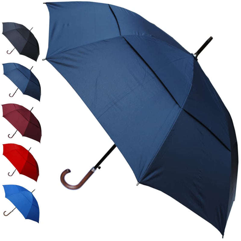 Extra Strong - Windproof Large Strong Umbrella for Rain and Wind - Vented | Double Canopy - Auto - Heavy Duty - Solid Wood Hook Handle - Golf Navy Blue