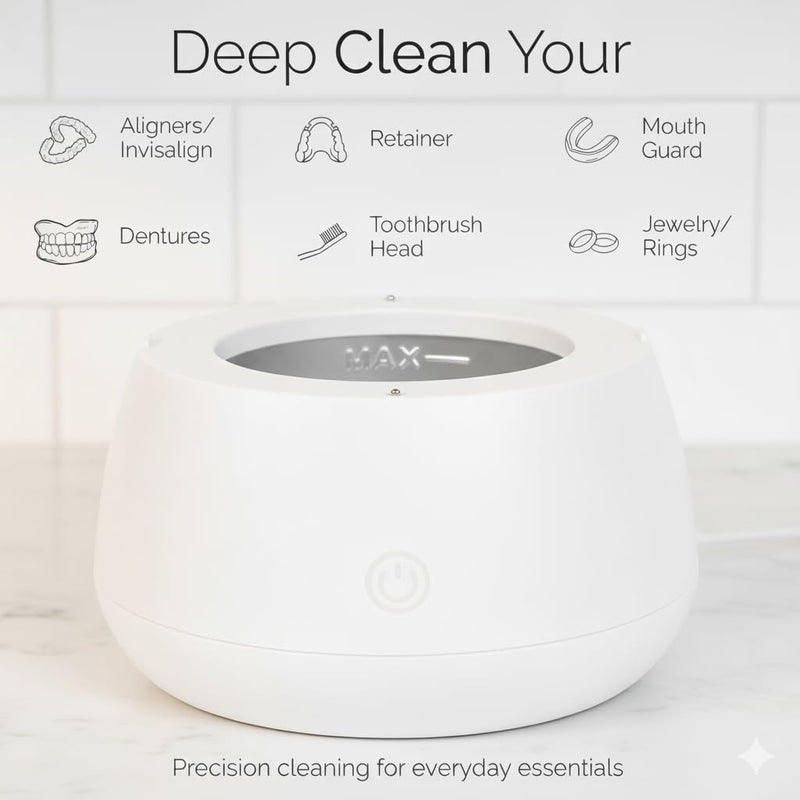 [Australia] - FIONA JAMES 48kHz Ultrasonic Retainer Cleaner with UV | Professional Sonic Dental Cleaning Pod for Aligner, Night Guard, Denture & Jewelry | White 