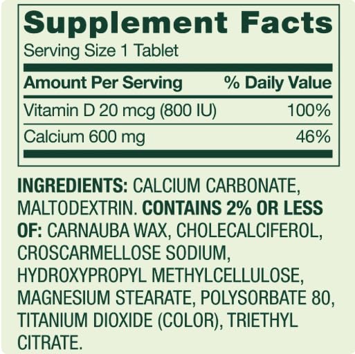 Calcium Plus Vitamin D Tablets Dietary Supplement, by Spring - Valley Bone Health, VIT D3 20 mcg, 600 mg, 250 Count.