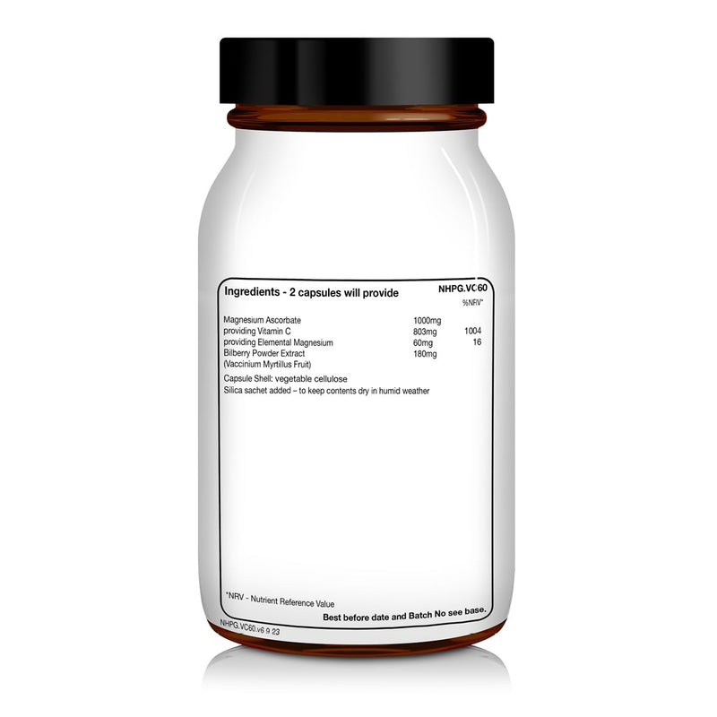 NHP Advanced - Vitamin C Support with Magnesium Ascorbate & Bilberry Immune Boosting Supplement, Supports Nervous System Function, Reduces Fatigue, Gluten - Free, 60 Vegan Capsules 1 count (Pack of 1)