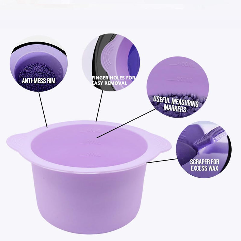 2pcs Silicone Wax Warmer Liner & 50 Pcs Waxing Sticks Body Hair & 50 Pcs Protective Collars Ring Removal Sticks Applicator Easy to Clean Non-Stick Wax Pot Silicone Bowl Purple-2
