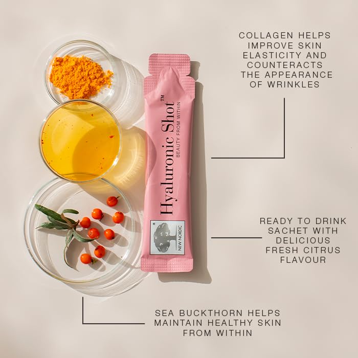 New Nordic Hyaluronic Shot with Marine Collagen Supplement to Improve Skin Elasticity & Reduce Wrinkles, Ready to Drink, Citrus Flavour, 15 Sachets Hyaluronic Shot High - 15x Marine Collagen