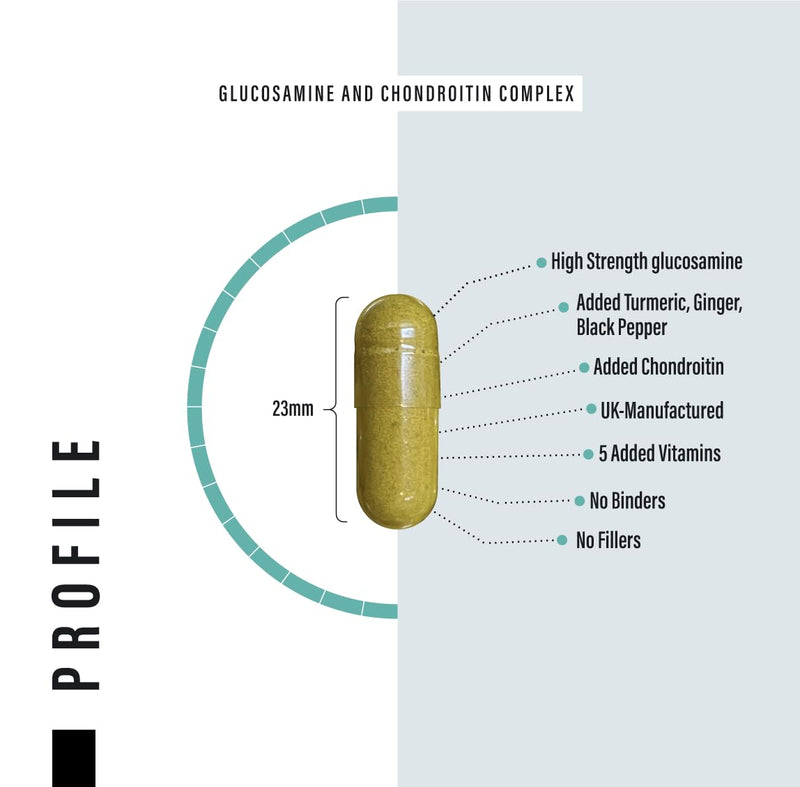 Glucosamine and Chondroitin High Strength Plus 5 Vitamins - 120 Complex Capsules 1,000mg (Providing 530mg Base) - Chondroitin 200mg - Added Turmeric, Ginger, Black Pepper, Vitamin C, B6, B1, D3 & B12