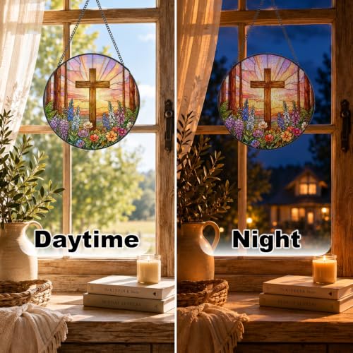 Christian Cross Stained Glass Window Hanging 5.9x5.9in Crucifix