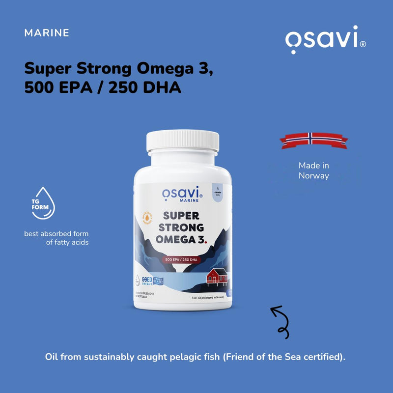 Osavi Super Strong Omega–3 500 EPA / 250 DHA – 90 Softgels | Concentrated Omega–3 from Pelagic Fish | Supports Heart Health, Brain Function, and Vision | Highly Purified with Molecular Distillation 90 count (Pack of 1)