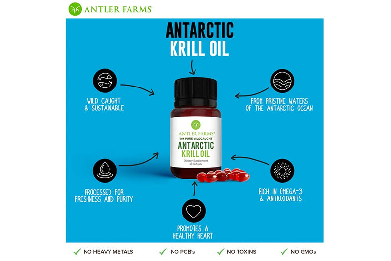 [Australia] - Antler Farms - 100% Pure Wild Caught Antarctic Krill Oil from Cold, Pristine Waters, 60 Softgels – Clean, Omega-3 EPA + DHA Supplement w/Astaxanthin, Rapid Absorption 