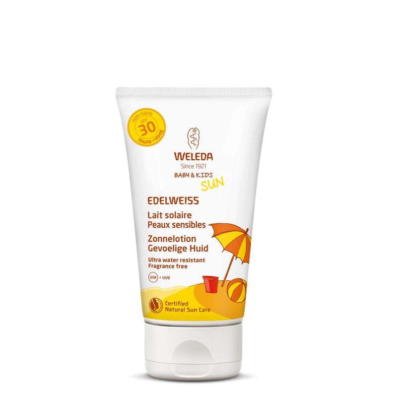 [Australia] - WELEDA Baby and Kids Edelweiss Sensitiv Sun Milk SPF 30, instant natural cosmetic sun protection with UV filters for babies, children and sensitive skin, perfume-free and waterproof (1 x 150 ml) 150 ml (pack of 1) 