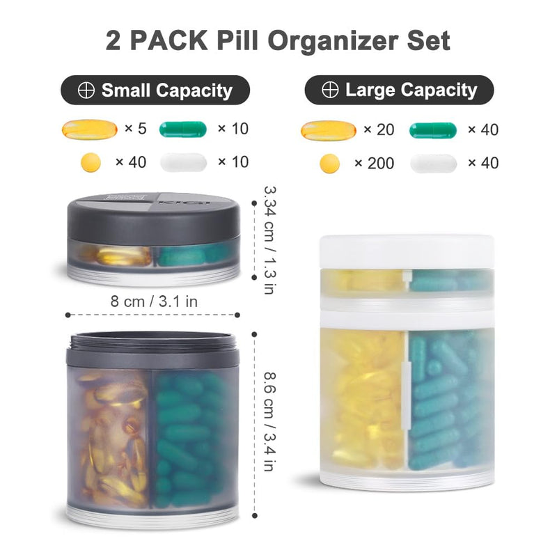 KIGI 2 Pack Extra Large Capacity Double Layers Medicine Organizer and Pill Case with 8 Compartments, Medicine Dispenser, Monthly Vitamins Organizers, Pill Bottle 2 Pack Gray+transparent Travel