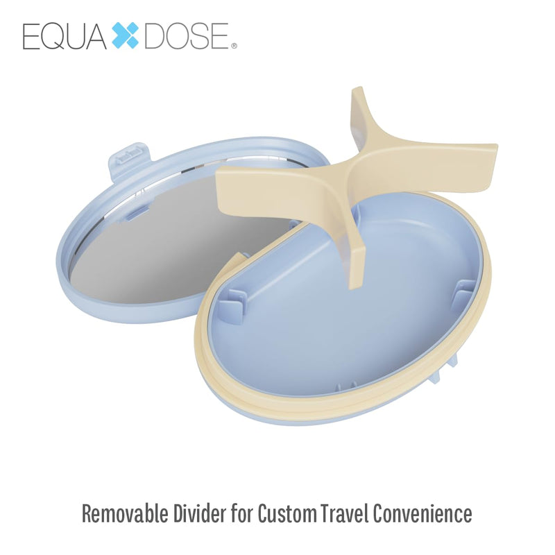 Equadose Oval Compact Pill Case, Portable Organizer with Mirror, Blue | Travel Medication Holder with Removable Divider, Small Storage Case for Pills, Vitamins, Earbuds, Jewelry & Daily Essentials Oval/Blue