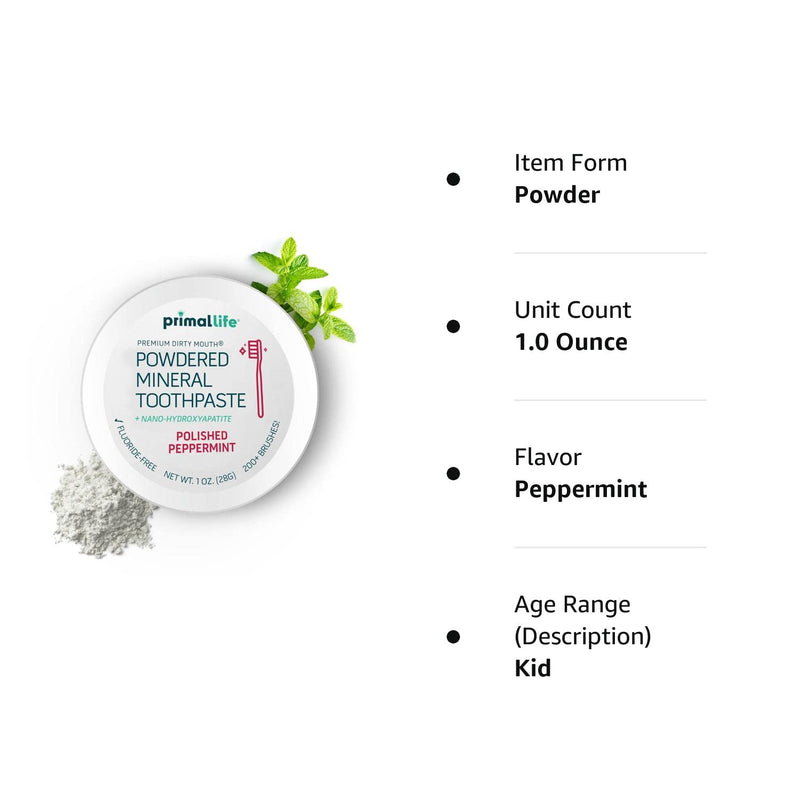 [Australia] - Primal Life Organics - Dirty Mouth Toothpowder, Tooth Cleaning Powder, Flavored Essential Oils with Natural Kaolin & Bentonite Clay, Good for 200+ Brushings, Paleo, Organic, Vegan (Peppermint, 1 oz) Peppermint 1 Ounce (Pack of 1) 