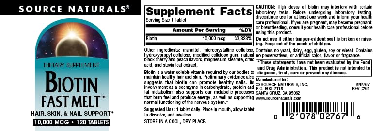 Source Naturals, Biotin Fast Melt -10,000 mcg - 120 Tablets | Hair, Skin, and Nail Support 120 Count (Pack of 1)
