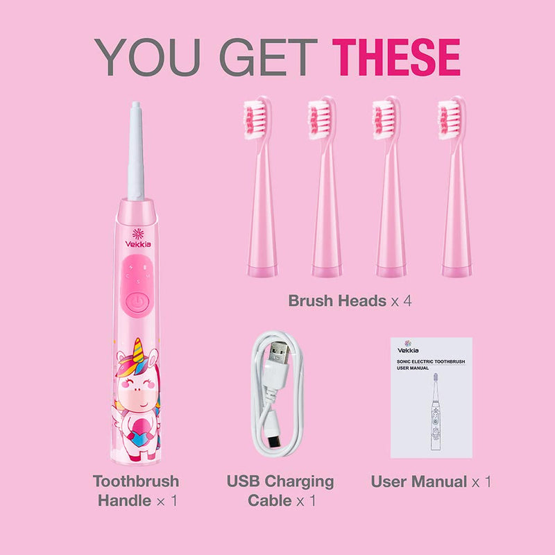 [Australia] - Vekkia Sonic Rechargeable Kids Electric Toothbrush, 3 Modes with Memory, Fun & Easy Cleaning, 24000 Strokes, IPX7 Waterproof, 2-Min Timer for Age 5+, 4 Soft Bristles(Pink) Pink 
