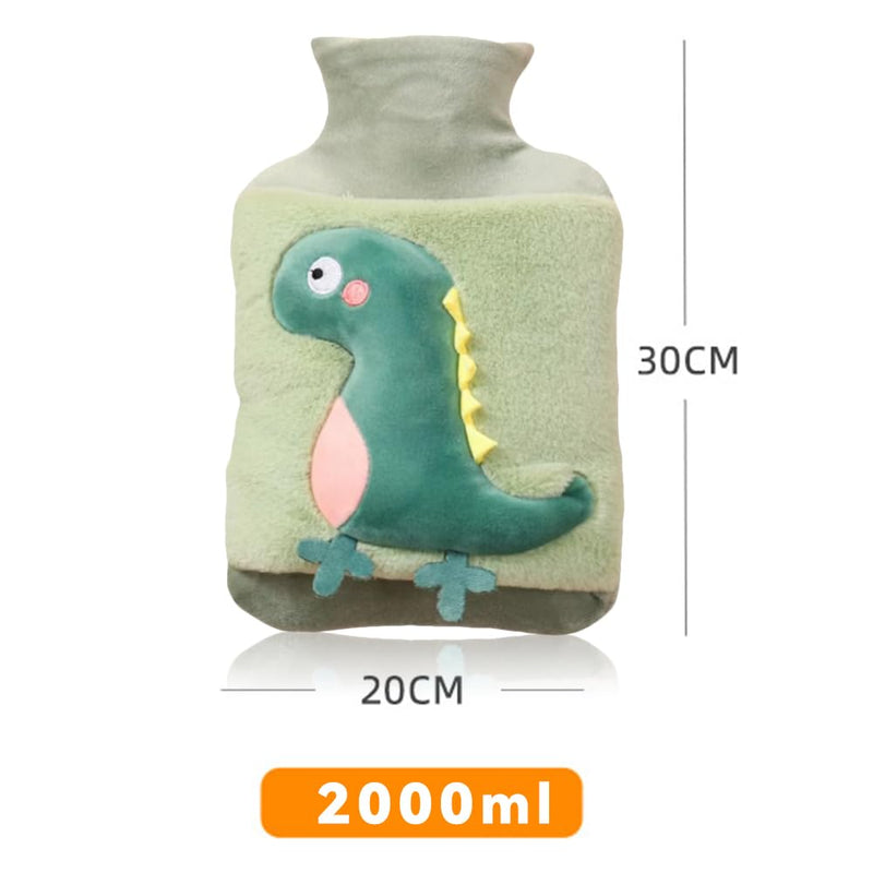 [Australia] - MHwan Hot Water Bottle, 2L Large Thickened Plush Fluffy Hot Water Bottle Children Adults, Cute Cuddly Dinosaur Hot Water Bottle Animal, Safe, Explosion-Proof Leak-Proof, Removable for Cleaning Green Dinosaur 