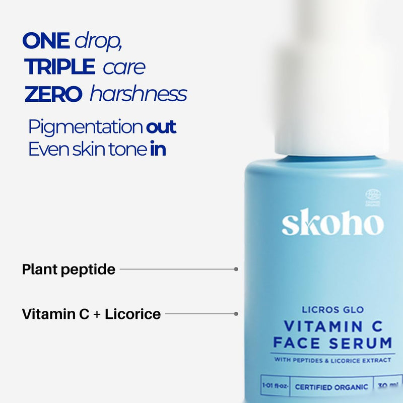Organic Vitamin C Face Serum with 98.932% Naturality | Reduces dark spots & Hyper Pigmentation | Licorice, Natural Peptides, Vitamin C | 30ml, Natural