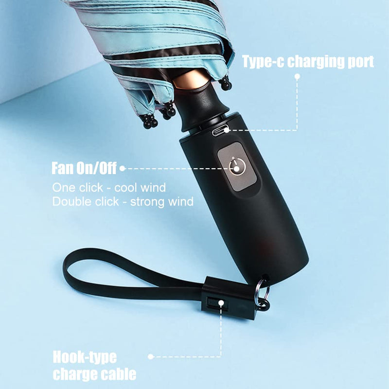 WOOLALA UV Sun & Rain Umbrella with Built-in Cooling Fan, Portable Foldable Design, UPF 50+ Protection, USB Rechargeable for Sports Games, Theme Parks on Hot Days Blue Outside