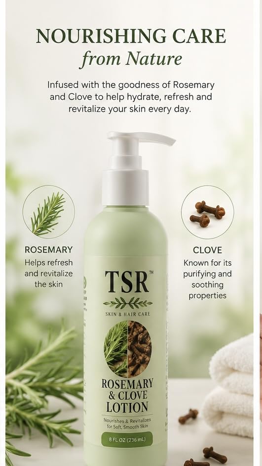TSR SKIN & Hair Care Rosemary & Clove Moisturizing Body Lotion, Deep Hydration with Natural Botanicals, Antioxidant Blend