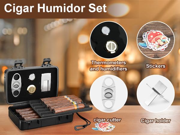 [Australia] - Travel Cigar Case Holds 10 Cigars, Portable Cigar Humidor includes Cigar Cutter, Humidifier, Hygrometer - Cigar Accessories Set for Men (Black) Black 