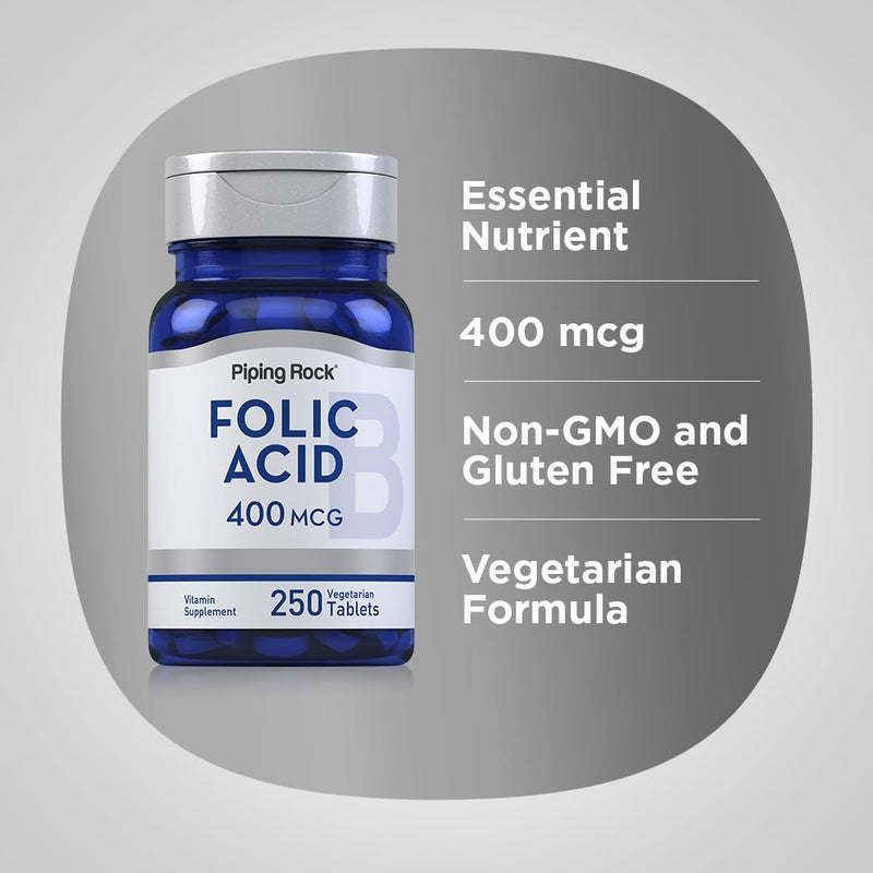Piping Rock Folic Acid | 400mcg | 250 Vegetarian Tablets | Non-GMO, Gluten Free Supplement