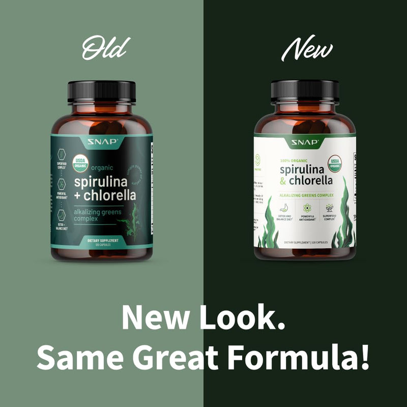 [Australia] - Snap Supplements USDA Organic Spirulina Chlorella Capsules - Green Superfoods for Natural Energy and Metabolic Health, 120 Capsules 