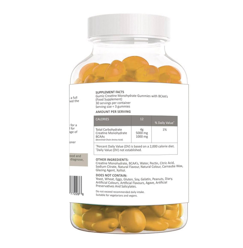 Max 5000mg Creatine Monohydrate Gummies, Added 1000mg BCAAs, Premium Pre-Workout, Gym Supplement | 90 Gummies - 1 Month Supply | Orange Flavour | Vegan & Sugar-Free
