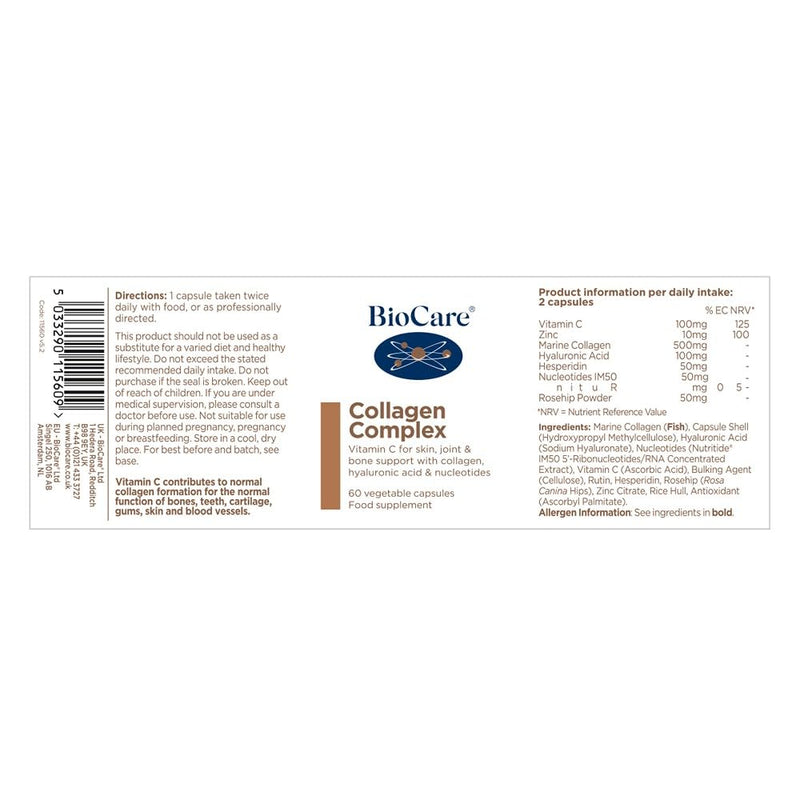 BioCare Collagen Complex - Vitamin C & Zinc with Marine Collagen, Hyaluronic Acid & Rosehip Powder - Skin, Joint and Bone Support - 60 Capsules 60 count (Pack of 1)
