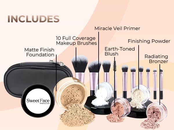 [Australia] - 16pc Beginner Mineral Makeup STARTER KIT with 10 BRUSH SET (5gm) Sample Size Foundation, Primer, Blush, Bronzer, Setting Powder for Learning, Occasional Use & First Time Users, Travel Size Kit (Warm) Warm Foundation Shade 