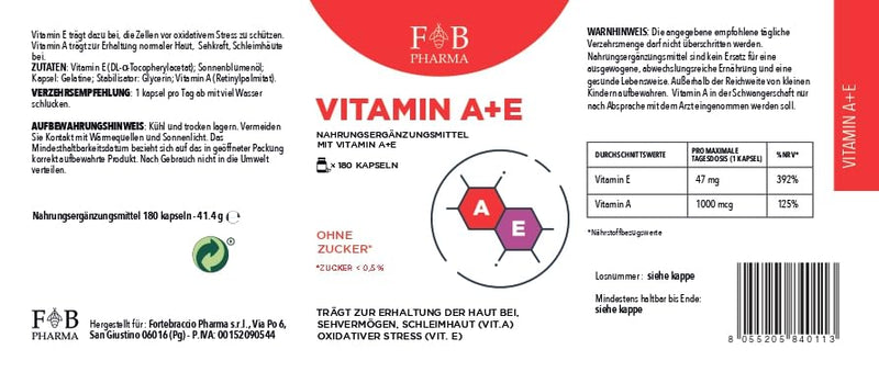 [Australia] - FB PHARMA - Dietary supplement with VITAMIN A 1000 mcg + VITAMIN E 47 mg - 180 SOFTGEL capsules - for the maintenance of normal VISION, SKIN and HAIR - formula developed in Italy 
