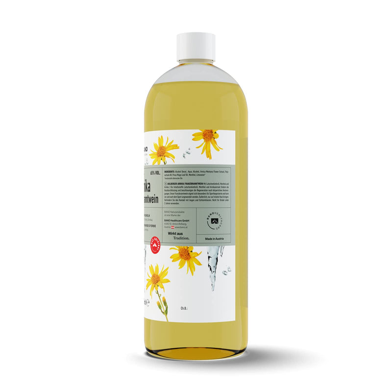 [Australia] - BANO Tyrolean Arnica rubbing alcohol 1000ml, ideal before and after exercise, as well as for sore muscles, for cooling heavy legs, contains 65% vol. Alcohol, mountain pine oil, menthol and arnica extract 1 l (pack of 1) 