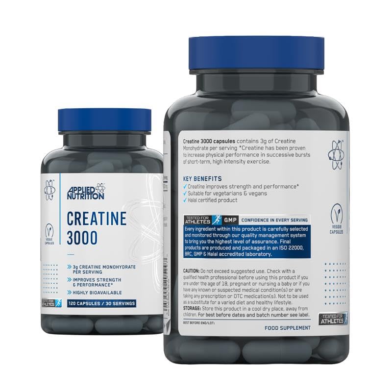 Applied Nutrition Creatine Monohydrate Capsules 3000mg Per Serving – High Strength Gym Supplement for Men & Women – Unflavoured Energy & Performance Support for Workout (120 Capsules – 30 Servings) 120 count (Pack of 1)