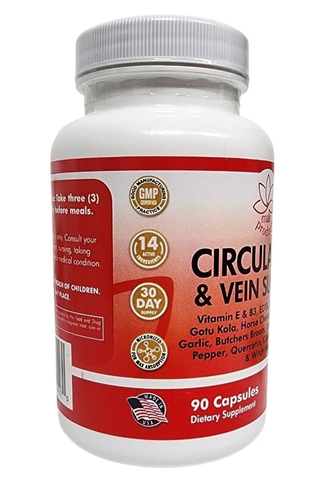 Circulation & Vein Support Supplement - Vitamins E & B3, Ginkgo Biloba, Horse Chestnut, Gotu Kola, Grape Seed, Butcher's Broom & Citrus Bioflavonoids - 1979 mg Formula - 90 Capsules - 30 Days Supply.