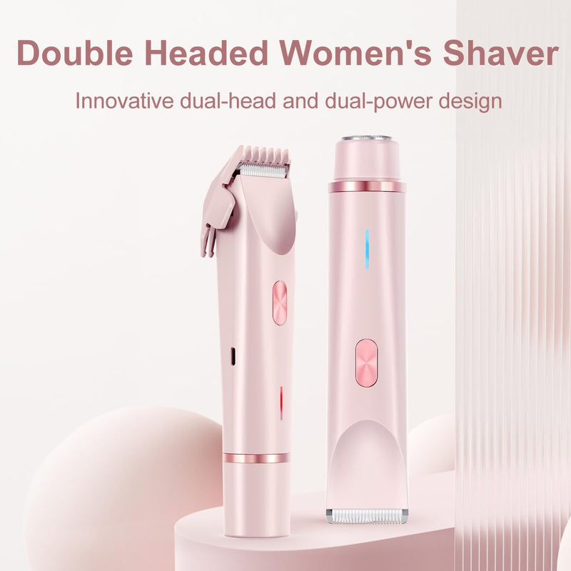 Women's Electric Shaver Bikini Trimmer for Women Razors 2-in-1 Dual Head Design IPX7 Waterproof Wet & Dry Use Body Groomer Hair Trimmer Remover for Facial Underarm Arm Face Leg Bikini (Pink) Pink