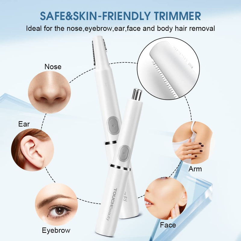 [Australia] - TOUCHBeauty Eyebrow Razor Nose Hair Trimmer Women 2 in 1 Precision Women's Hair Trimmer for Face, Ears, Nose, Bikini Zone and Body TB-1458 (White) 
