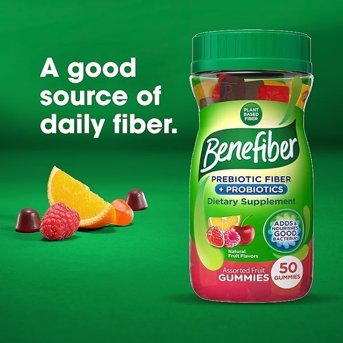 [Australia] - Benefiber Prebiotic Fiber Supplement Gummies with Probiotics for Digestive Health, Assorted Fruit Flavors - 50 Count 