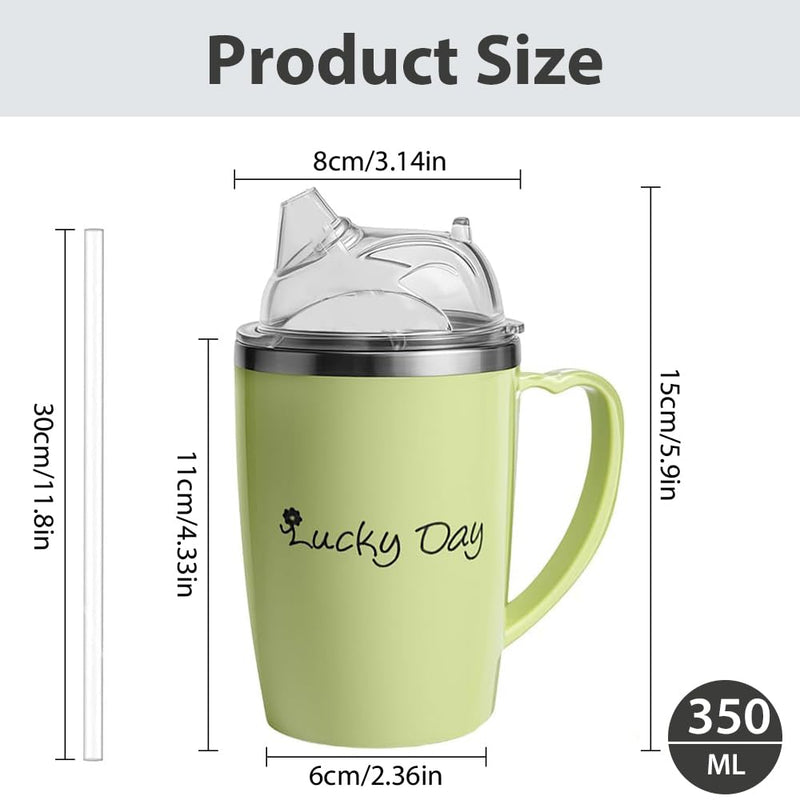 Adult Sippy Cup for Elderly, 3-in-1 Stainless Steel Non Spill Cups for Elderly with Long Flexible Straws & Dust Lid, Spill Proof Beaker 350ml