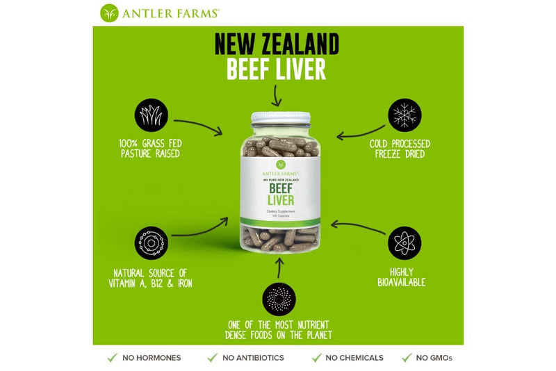 Antler Farms - 100% Pure New Zealand Beef Liver, 180 Capsules, 500mg - Grass Fed, Cold Processed Supplement, Pure and Clean rBGH Free, No Fillers or Additives