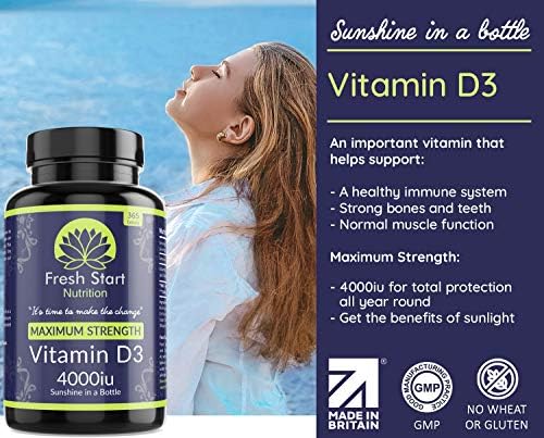 Vitamin D 4000 iu High Strength Premium Vitamin D3 Immune Support Tablets - 1 Year Supply Vegetarian Tiny Vitamin D3 4000iu Pills - VIT D Supplement Cholecalciferol - UK Made Fresh Start Nutrition